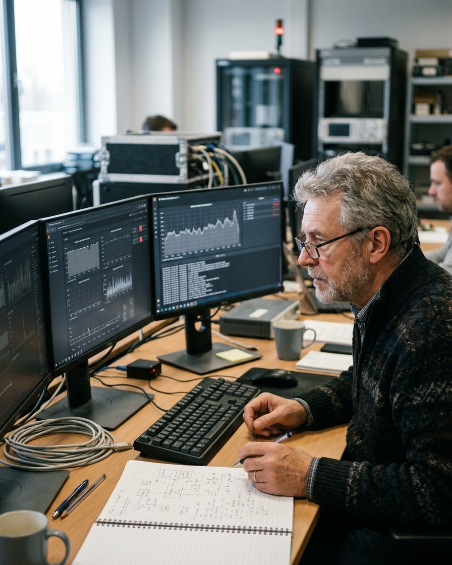 An engineering workspace with a screen and notes
